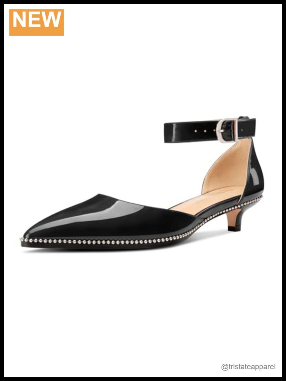 Womens Low Kitten Heel Pointed Toe Pumps Ankle Strap Silver Beaded Formal Heels